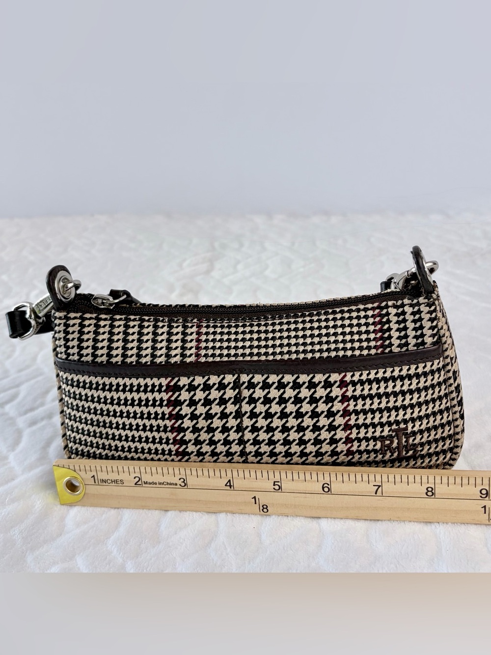 Vintage 90s Ralph Lauren Houndstooth Leather Trim Bag Y2K Equestrian Preppy Vibe - Picture 7 of 8